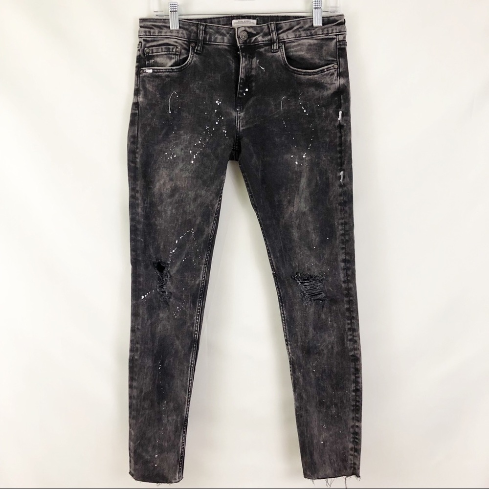 Zara Black Distressed Paint Skinny Jeans Size 8